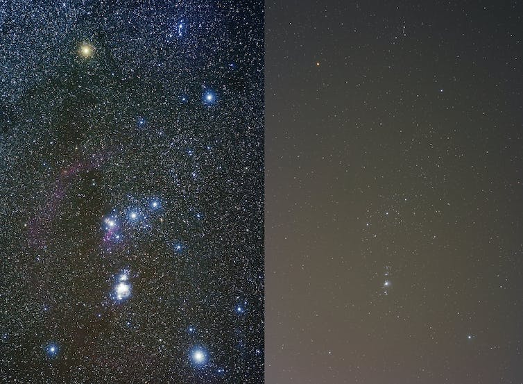 Two pictures of the constellation Orion with one showing many times more stars.