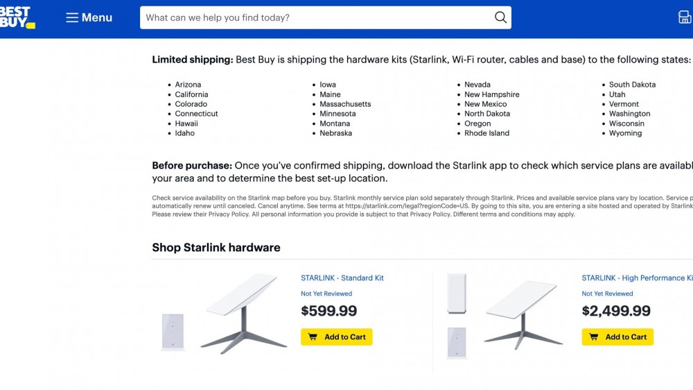 Starlink at Best buy page