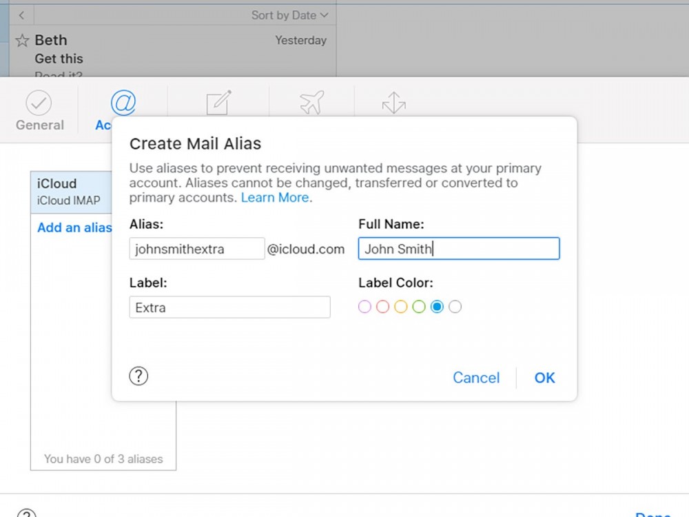 Creating an iCloud email alias for Apple Mail.