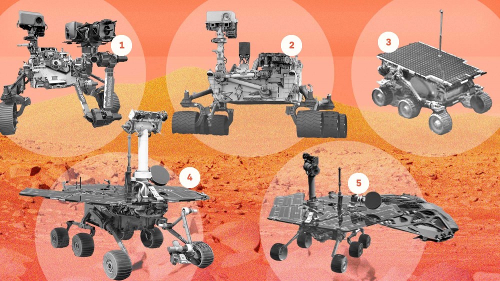 five mars rovers shown on mars background